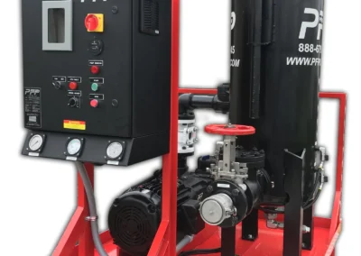 Front view of 125 GPM flushing skid showing filter vessels, pump assembly, and fluid ports for industrial flushing