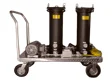 Dual stage filter cart with two filter housings for staged removal of particulates from industrial fluids