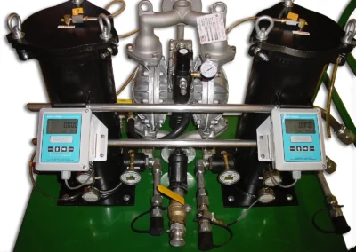 Flow meters on PFC pneumatic flushing skid for monitoring fluid flow rate during industrial flushing operations