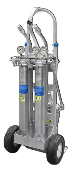 Back view of PFC pneumatic cartridge filter cart showing frame, rear components, and hose routing